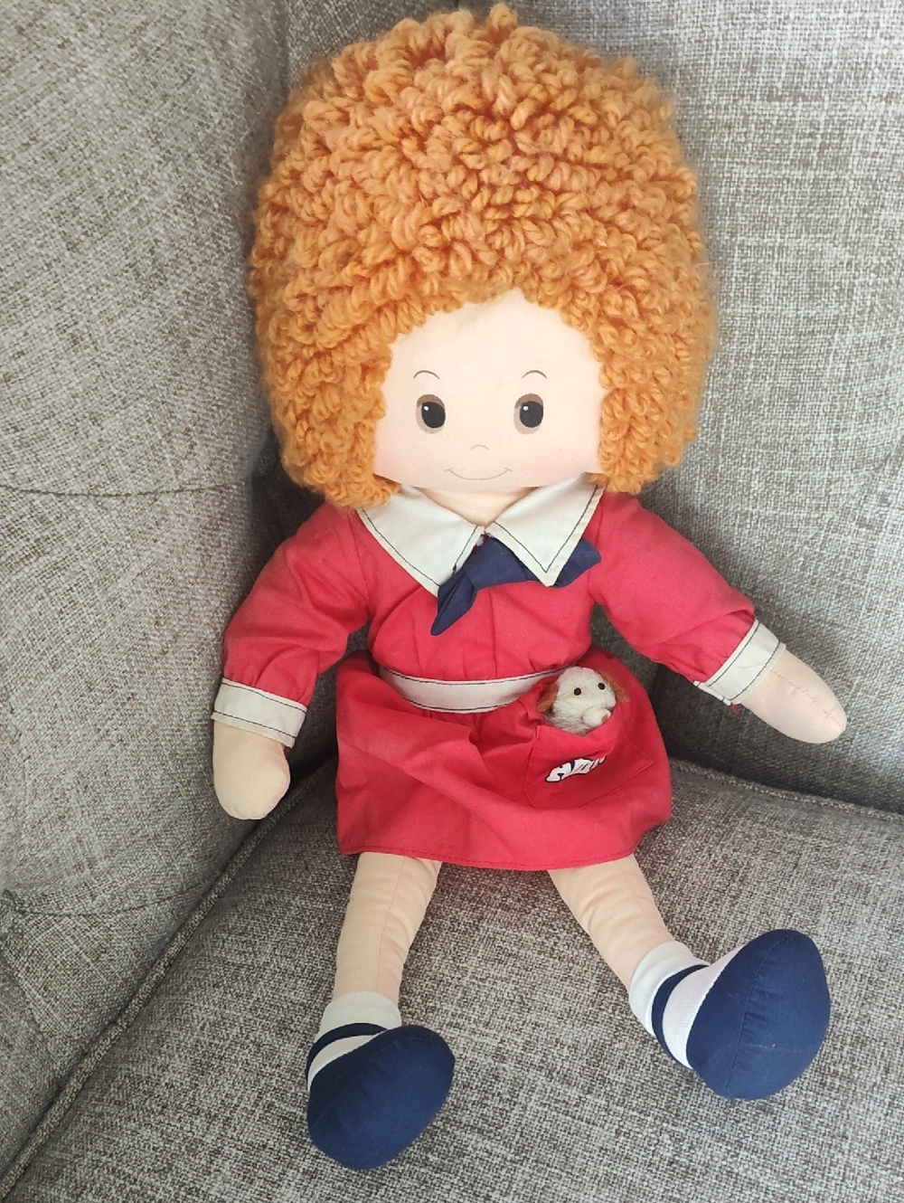 Annie Vintage Plush Doll with Orange Curly Hair, Red Dress And Puppy In Pocket